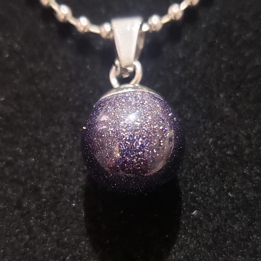 Blue Goldstone Sphere Orb Ball Pendant Necklace - Picture 5 of 8